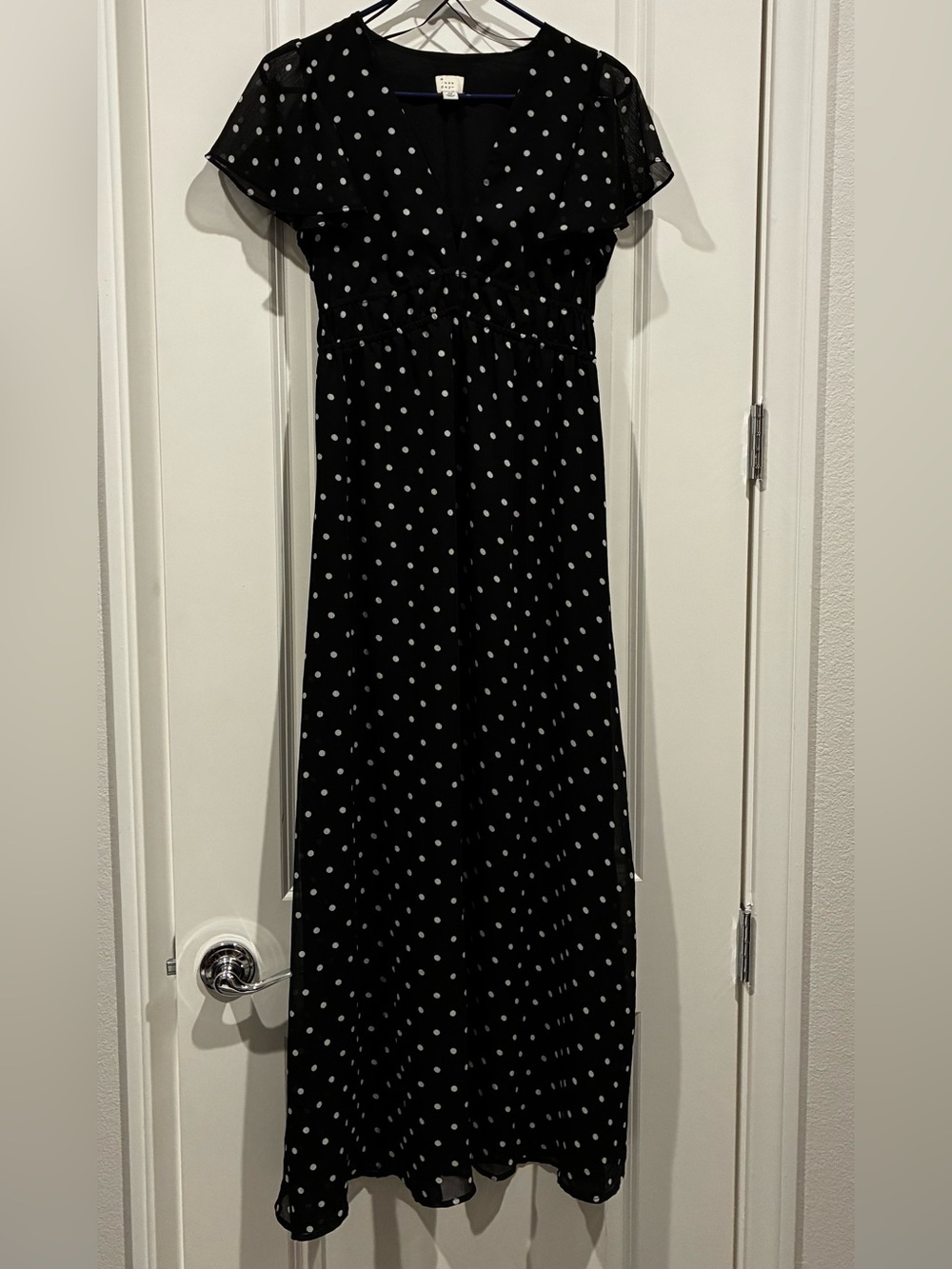 A New Day Black Polka Dot Maxi Dress - Elegant V-Neck XS NWT